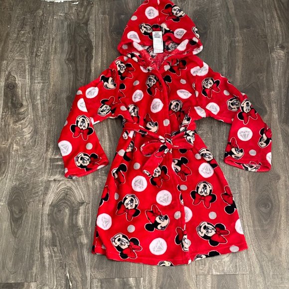 DISNEY MINNIE MOUSE Girls Size Medium (8) Hooded Robe White Red Black Fuzzy Soft - Picture 2 of 8